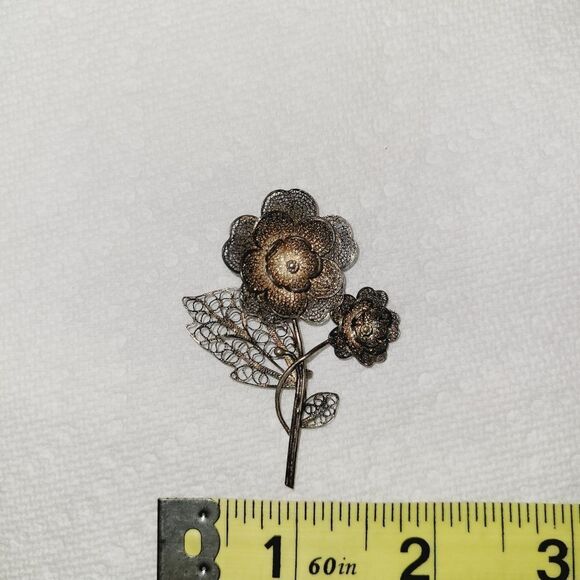 VINTAGE IMPERIAL Silver VERMEIL Filigree Ornate Flower Floral Brooch Pin - Picture 5 of 5